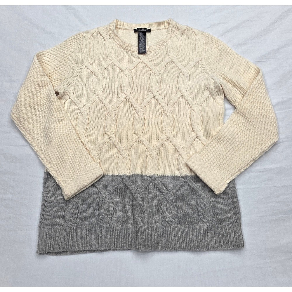 Ann Taylor Wool Cashmere Cable Knit Colorblock Sweater Winter‎ White Gray Large